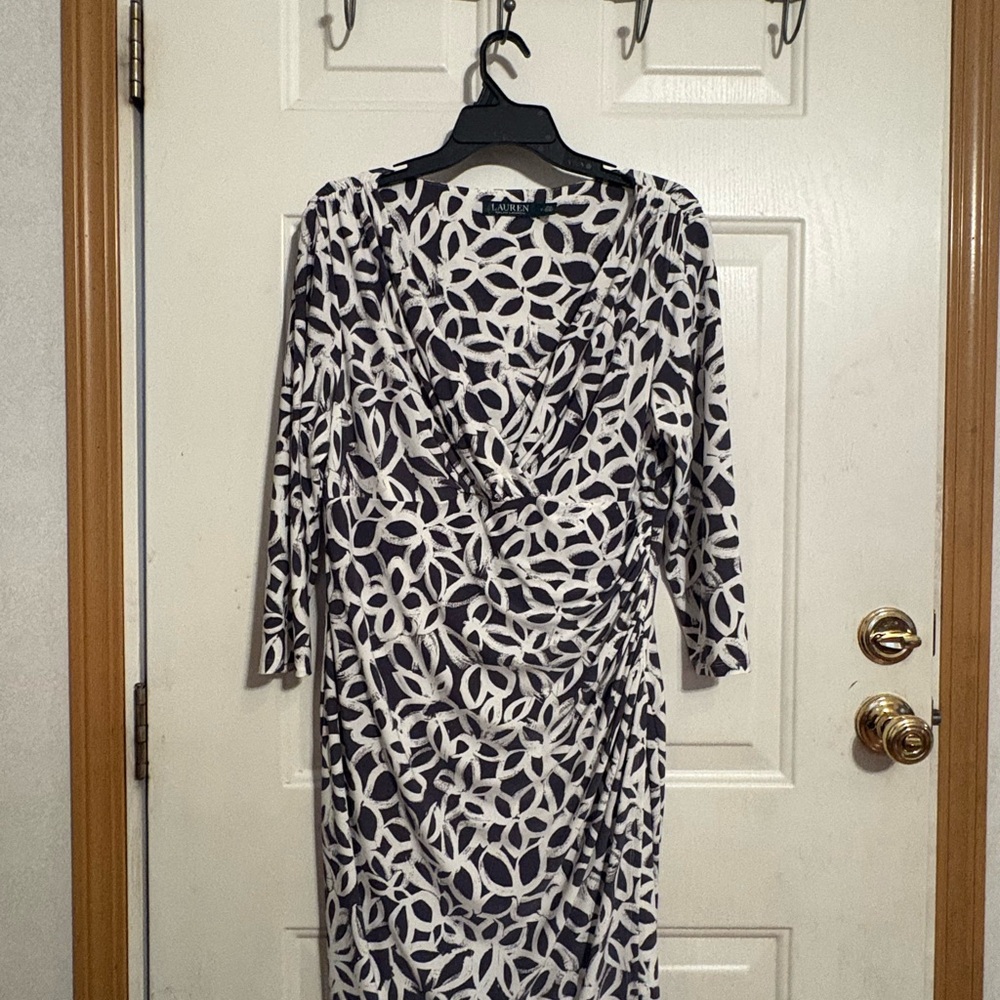 Ralph Lauren Black and White Geometric Wrap-Style Long Sleeve Dress
